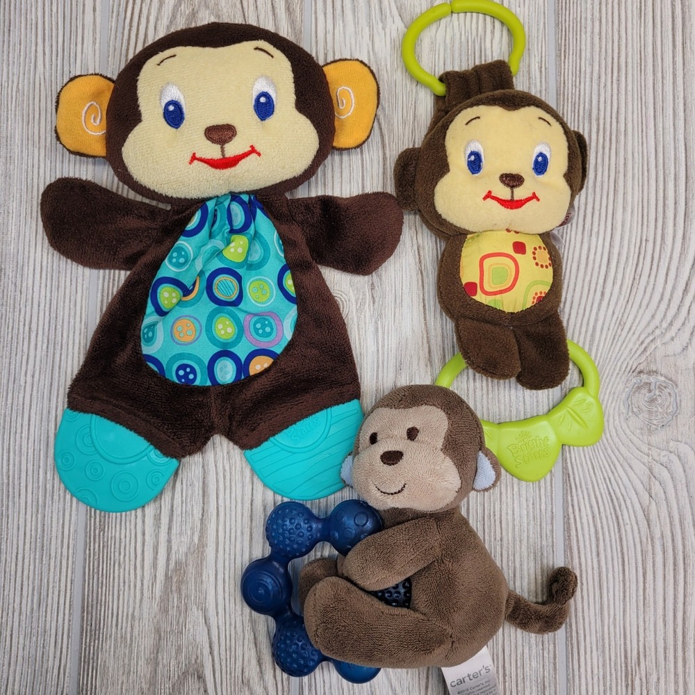 Lot of 3 Bright Starts‎ Monkey Crinkle Rattle Carters Teether Plush Baby Infant